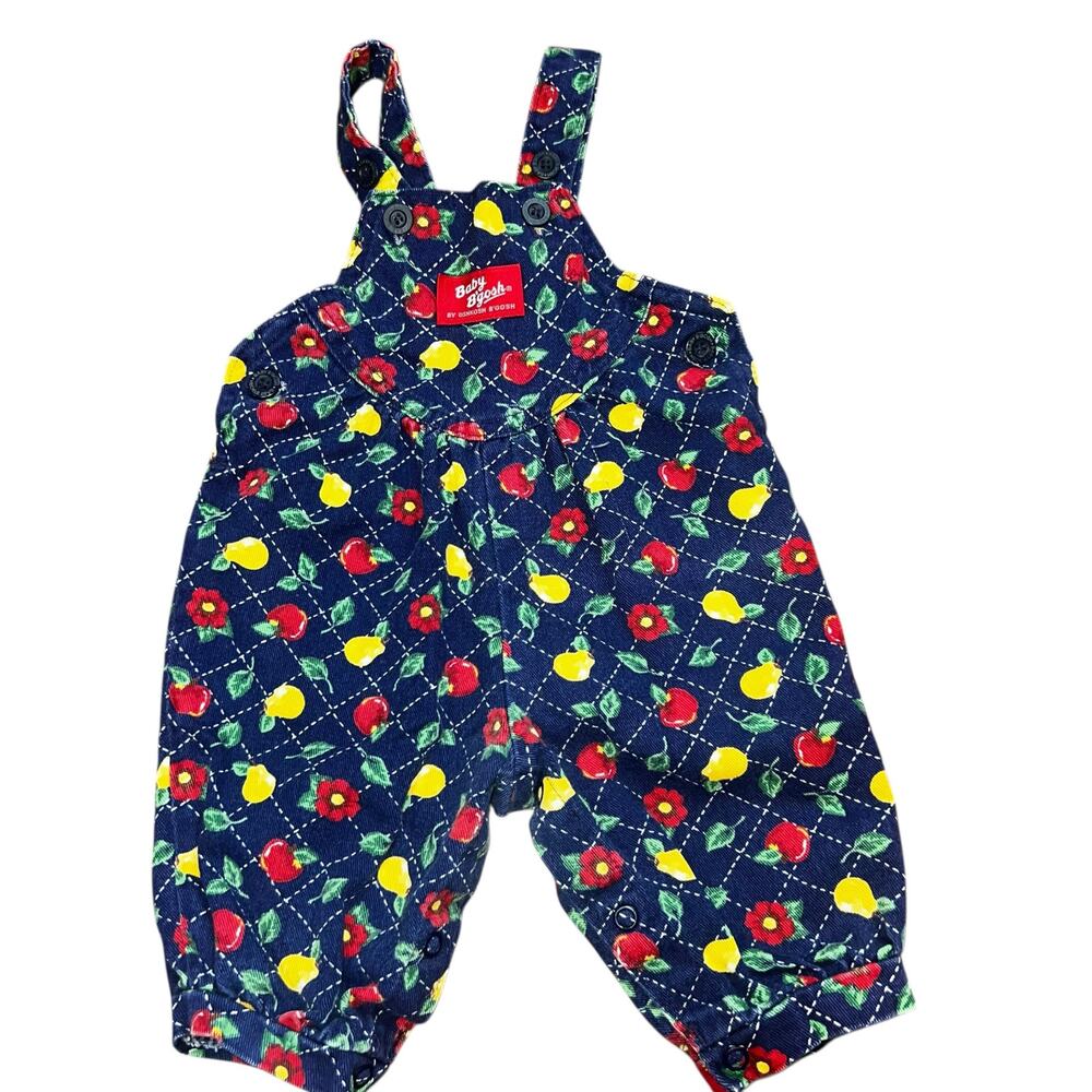 Vintage 90 Oshkosh B'Gosh blue Fruit Apple Pear Floral romper overalls girl 3-6m